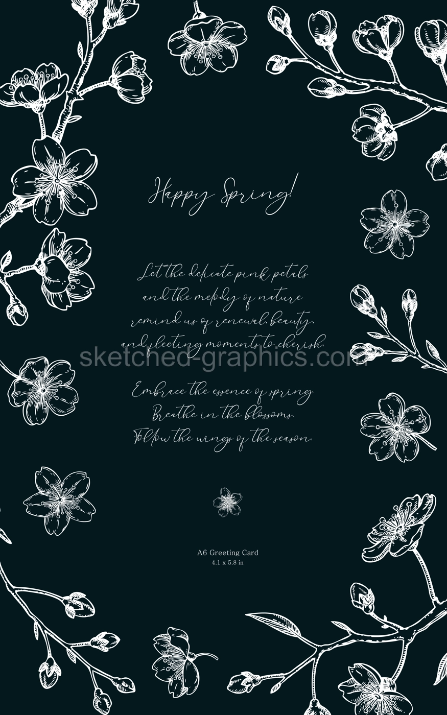 Japanese style greeting card design. Spring hand-drawn vector illustration. Sakura, cherry blossom chalk drawing. Wedding invitation template. NOT AI genereted Illustration